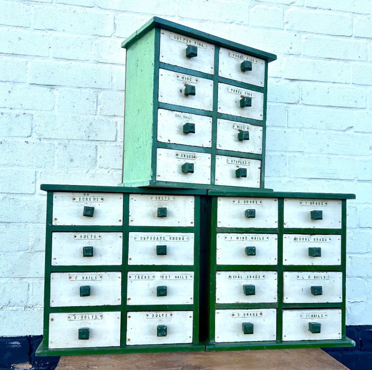 Three available 1950s pine eight drawer cabinet box tool engineers industrial antique vintage