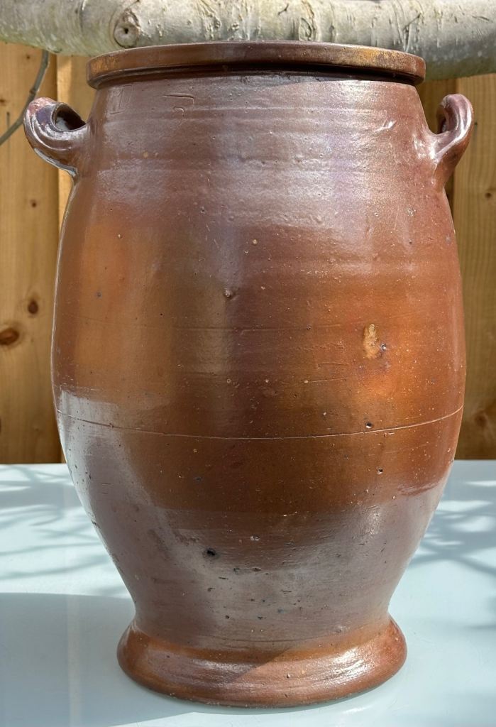 LARGE ANTIQUE FRENCH STONEWARE PLANTER URN, CONFIT JAR POT, SALTING JAR - H47cm 7.8kg - WILL POST!