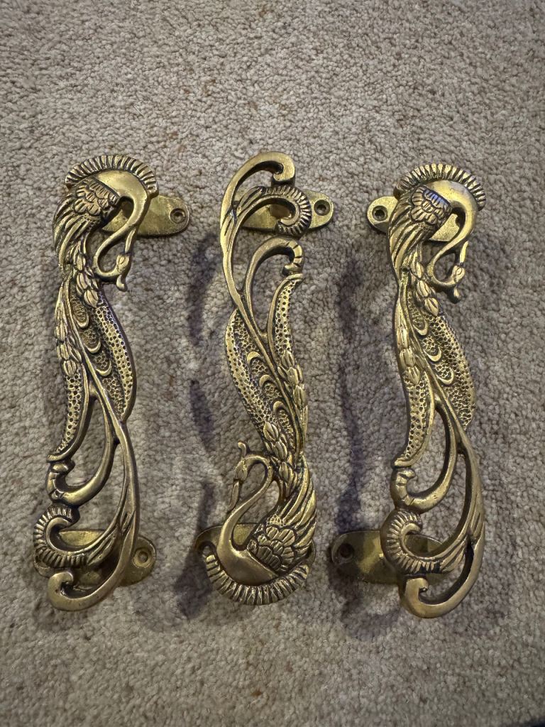Antique Brass Door Handle - Peacock Design x3