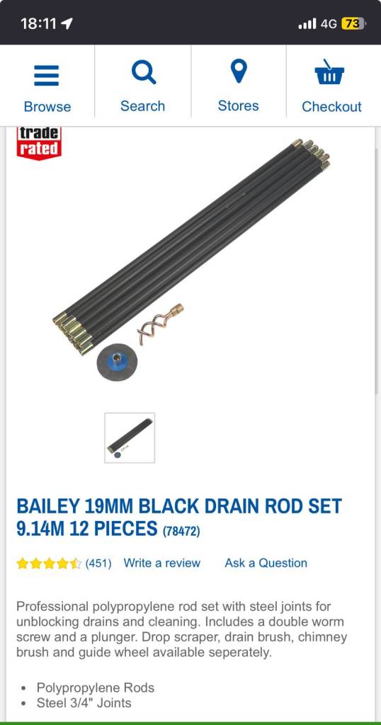 2X Bailey 19mm Black Drain Rod Set 9.14m 12 Pieces (78472)Tot. of 20 roads+ accs