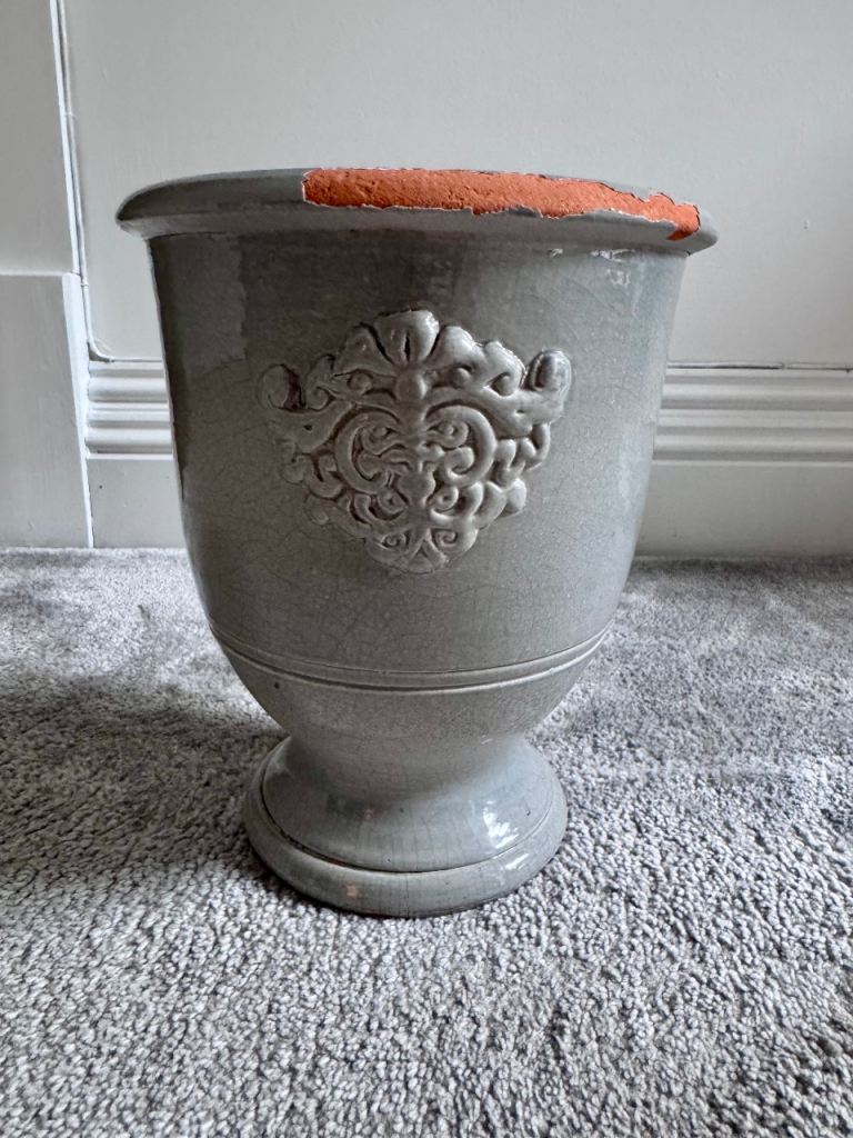 Grey Ceramic Garden Planter with Decorative Detail