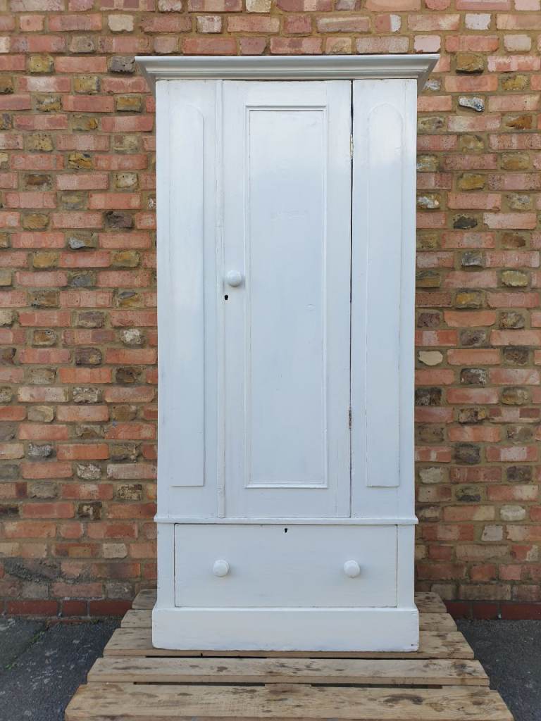 Antique Victorian Pine Wardrobe Single Door With Drawer Painted White