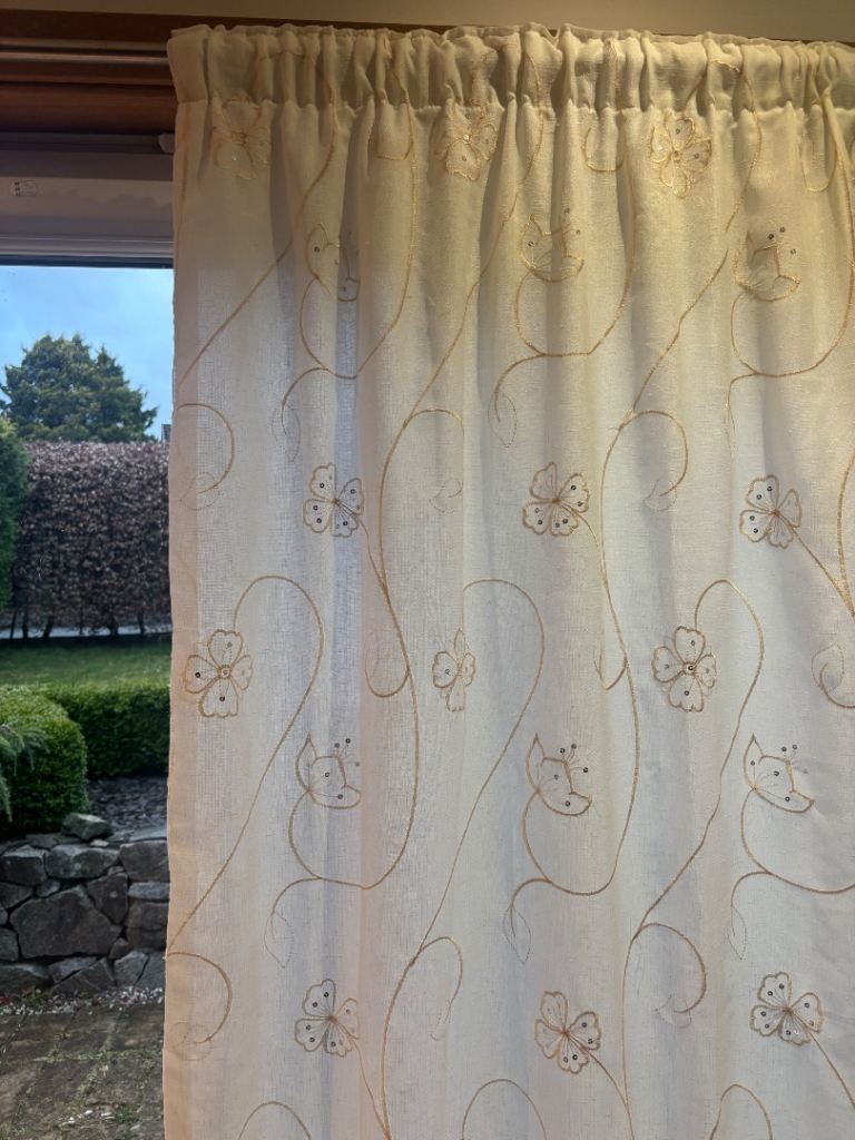 Beautiful belle voile pair, cream with gold embelishment