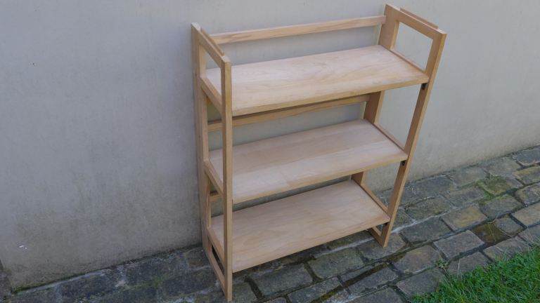TWO MATCHING VINTAGE FOLDING STACKABLE 3-TIER WOODEN BOOK SHELVES. CAR BOOTS ANTIQUE FAIRS ETC.