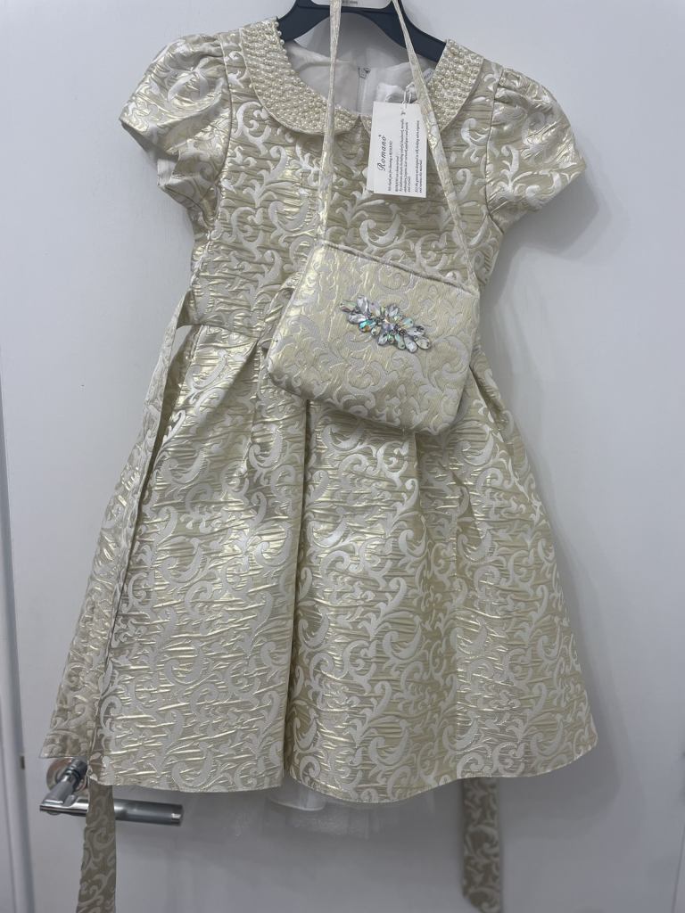 Romano Gold Jacquard party  Dress with bag  for girls ( size 6 years)