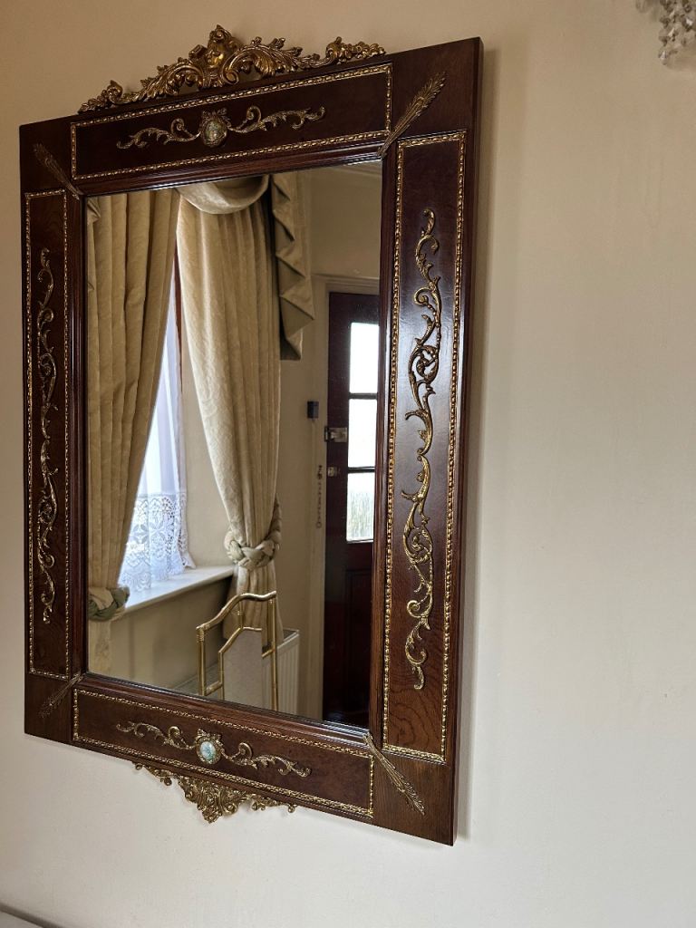 Vintage Neoclassical Wood & Brass Wall Mirror