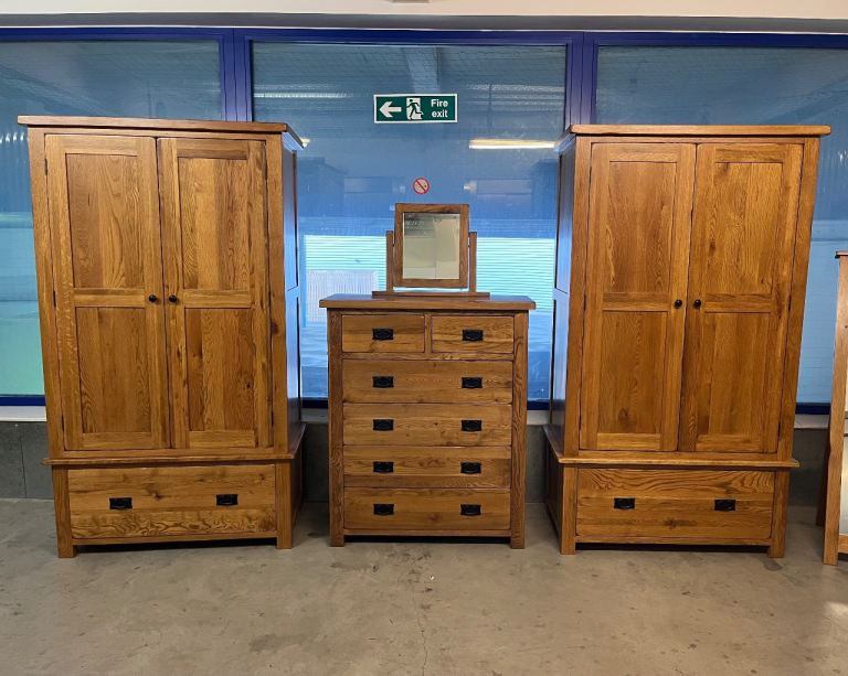 2 Rustic Solid Oak double wardrobes & large chest of drawers 