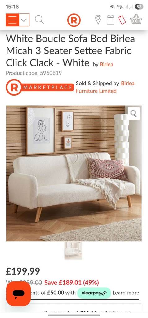 White Boucle Sofa Bed Birlea Micah 3 Seater Settee Fabric rrp 389