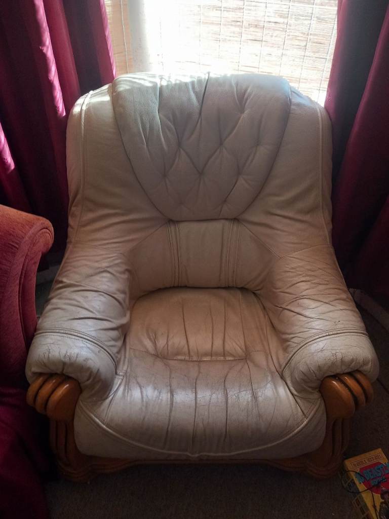 Cream Leather Armchair with Wooden Arms – Fair Condition