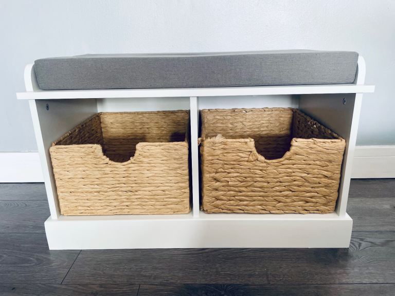 Storage bench with baskets, with a choice of grey or cream cushion. New & assembled