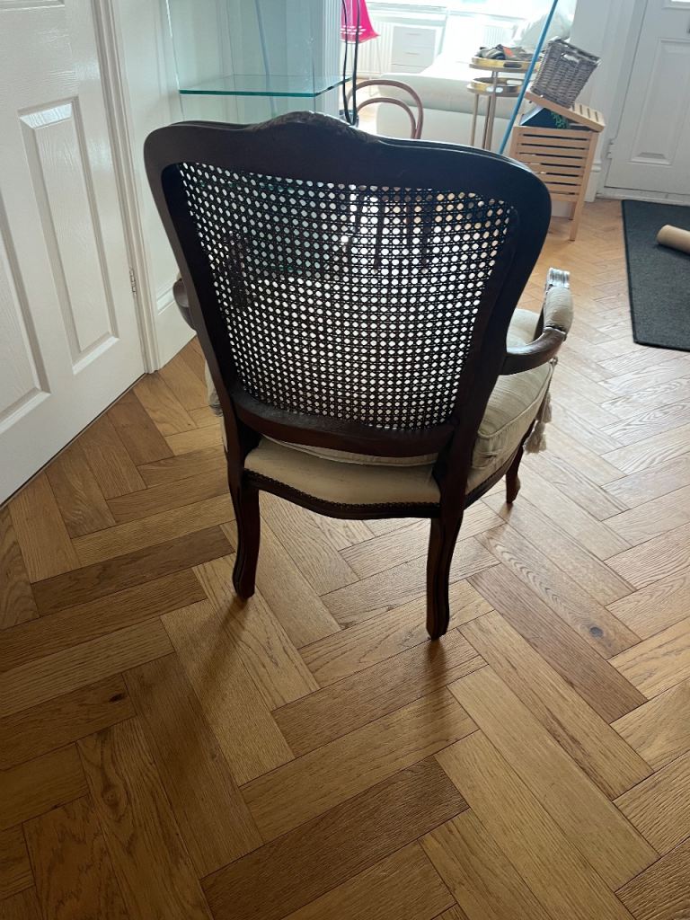 Vintage Rattan Back Armchair – Cream Cushion