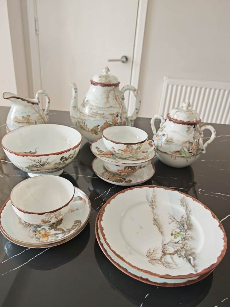   Antique Vintage Ceramic Tea Set - Hand Painted Oriental Design