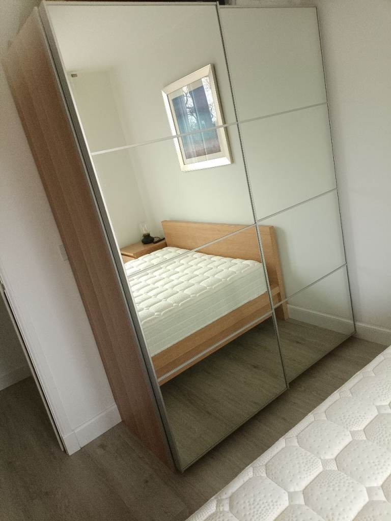 Ikea Pax Wooden Double Wardrobe With Mirror Sliding Doors 200cm x 150cm x 66cm