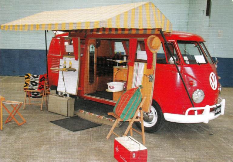20 Framed magazine original featuring VW/Volkswagen Camper Red & White With Yellow Stripped Awning
