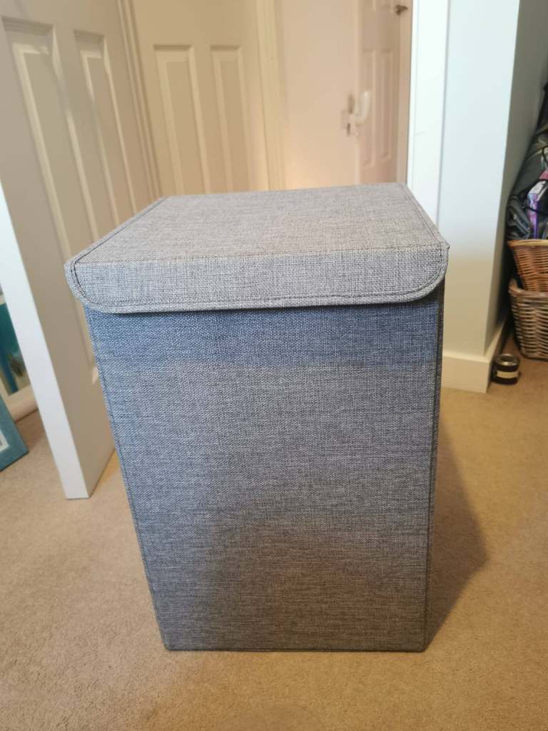 Grey Fabric Laundry Basket with Lid – Good Condition