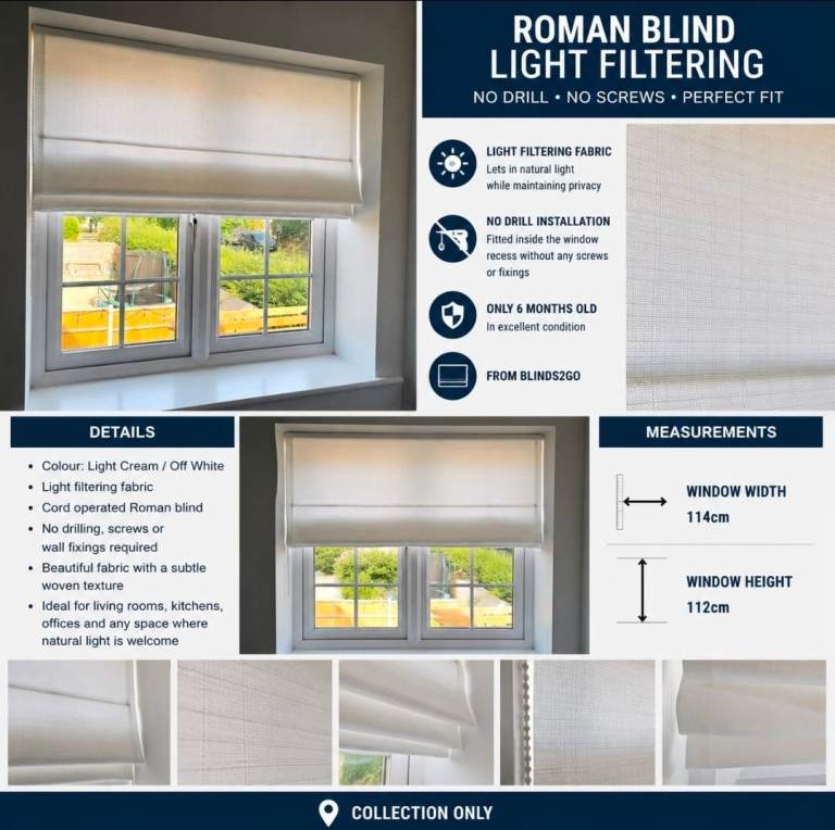 Blinds2Go White Roman Blind 114cm x 112cm – No Drill