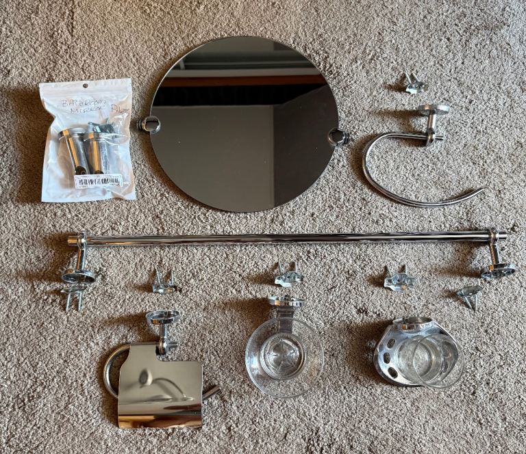 Chrome Bathroom Fixture Set – Mirror, Rail, Holders