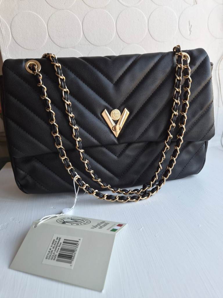 Valentino Orlandi Black Leather Handbag with Gold Chain – New