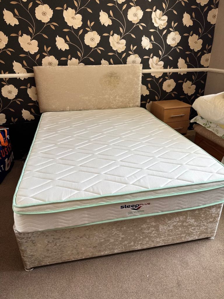 Double Bed with Mattress and Headboard – Beige, Good Condition
