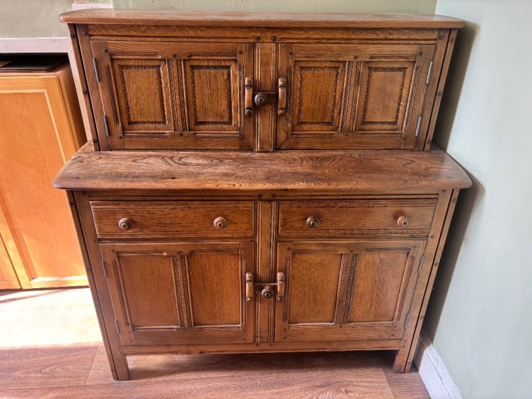 Vintage Solid Wood Dresser with Drawers and Cupboards