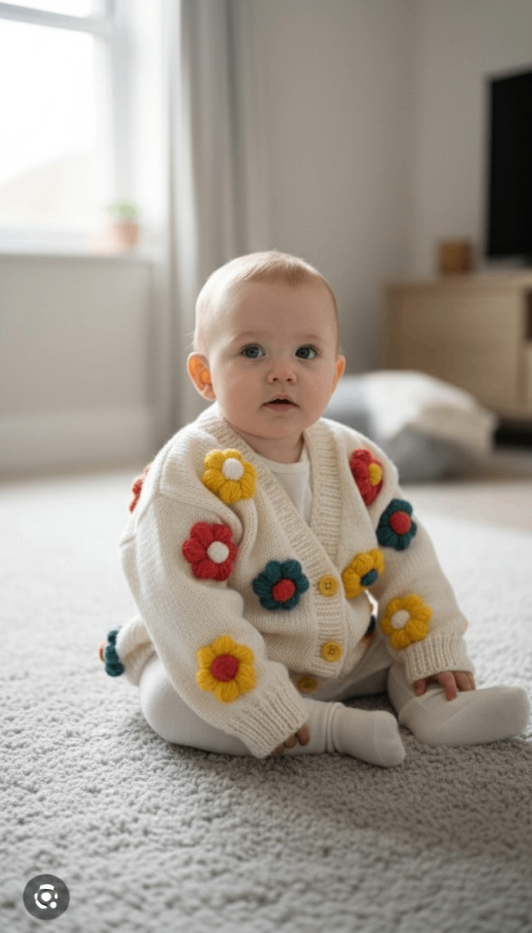 Hand Knitted Baby Cardigan with Flowers and Bears - Cotton Baby Sweater