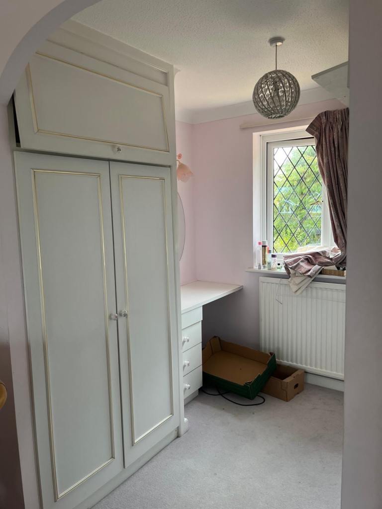 Set of 3 Built-in White Wardrobes with Gold Trim and Dressing Table
