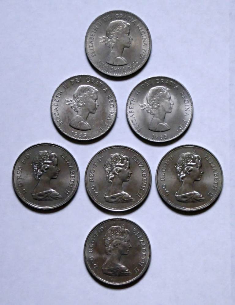 Collection of 7 British Crown Coins, 1960, 1965, 1972, 1981.