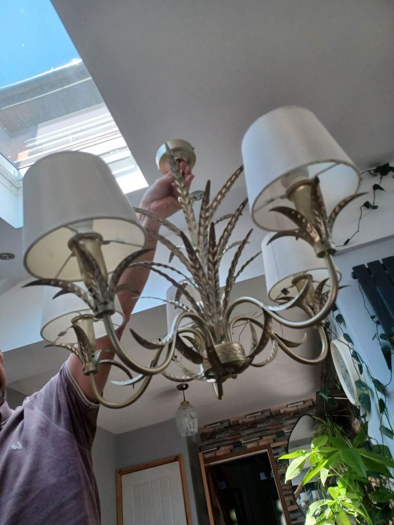Gold Chandelier with 5 Fabric Shades – Great Condition