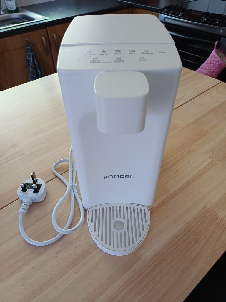 Hot water dispenser, safely dispenses one cup at a time.