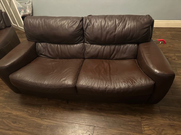 Brown leather couch & chair