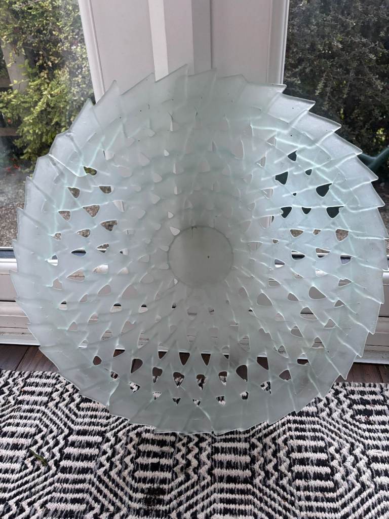 Large retro green and shallow studio glass bowl with lattice design