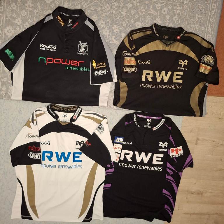 4 x XXL OSPREYS RUGBY SHIRTS IN EXCELLENT, CLEAN CONDITION.