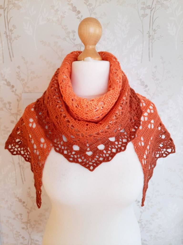 Gradient Knitted Shawl. Lace Shoulder Wrap. Crochet Shrug / Cover Up. Boho Ombre, Warm Autumn Hues