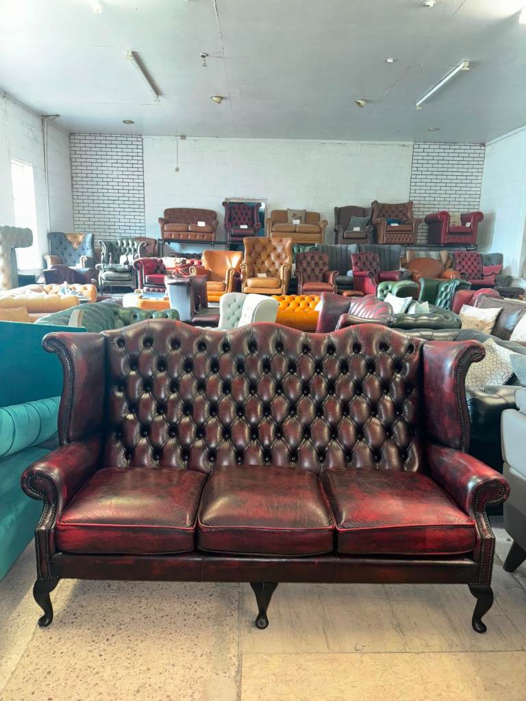 Chesterfield Oxblood Real Leather Wingback 3 Seater Sofa Deliv Poss