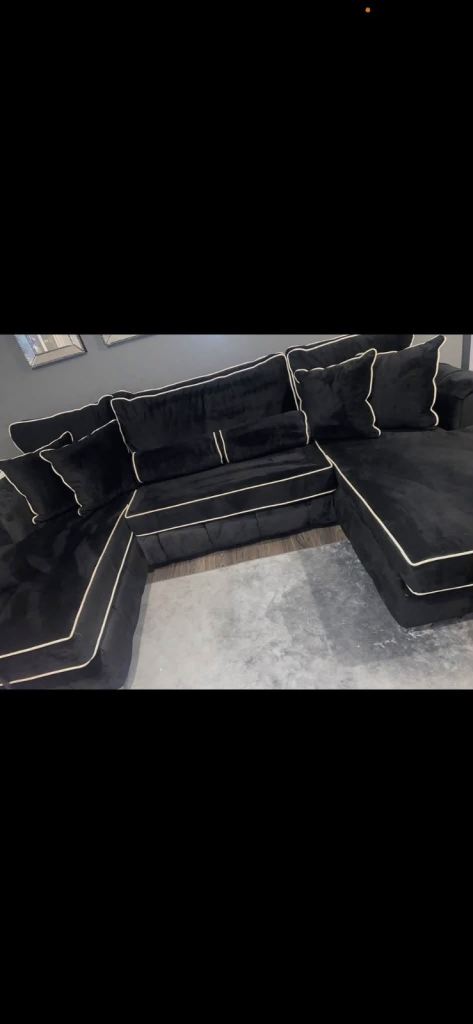 Black Velvet u shape Sofa with White Piping – Good Condition