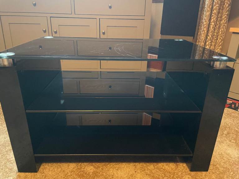 Black Glass TV Stand with Two Shelves – Good Condition
