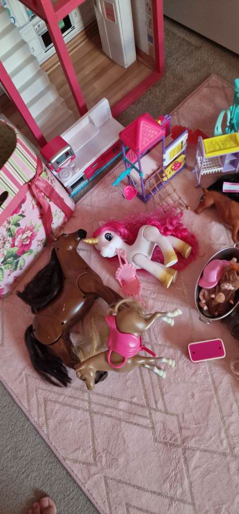 Doll house, dolls, horses and accessories 