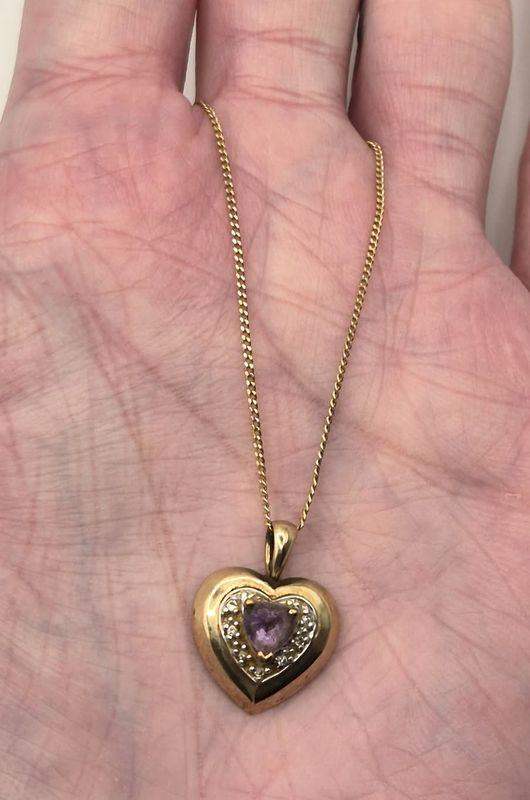 9ct yellow gold, amethyst & diamond heart pendant necklace