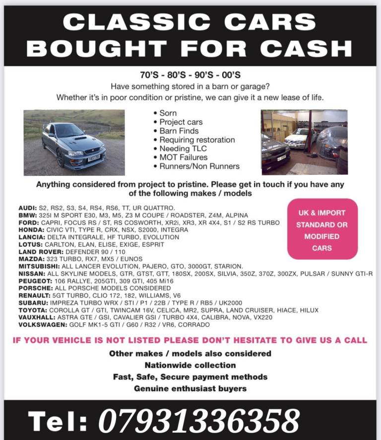 WANTED SUBARU IMPREZA EVO COSWORTH TYPE R RS TURBO ST PULSAR SKYLINE SRI CAVALIER 