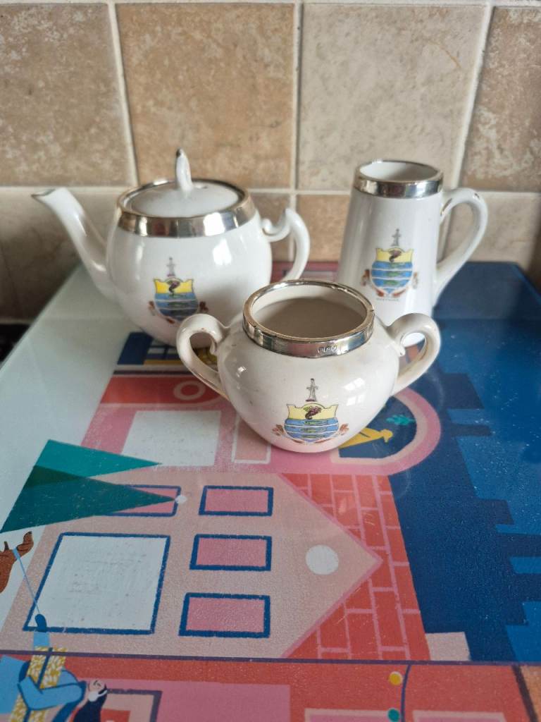 Crested Ware China Miniature Tea Set Silver Rims 1907