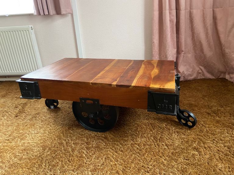 Railway Steampunk Cart Coffee Table with Wheels – Good Condition