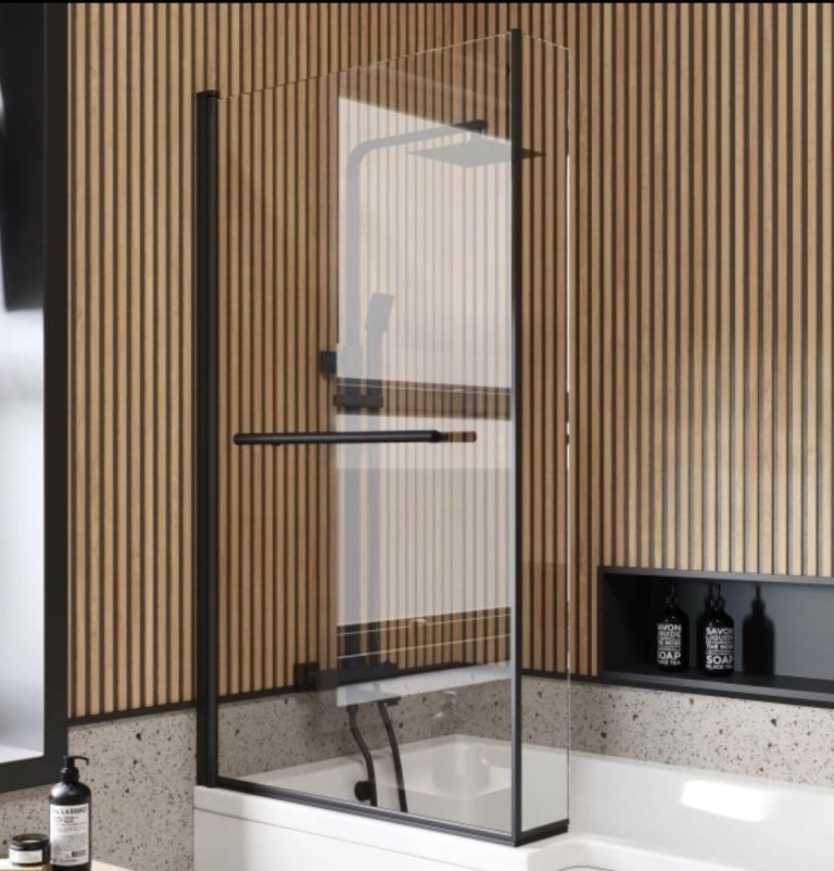 6mm L Shaped Easy Clean Bath Screen with Towel Rail - Matt Black