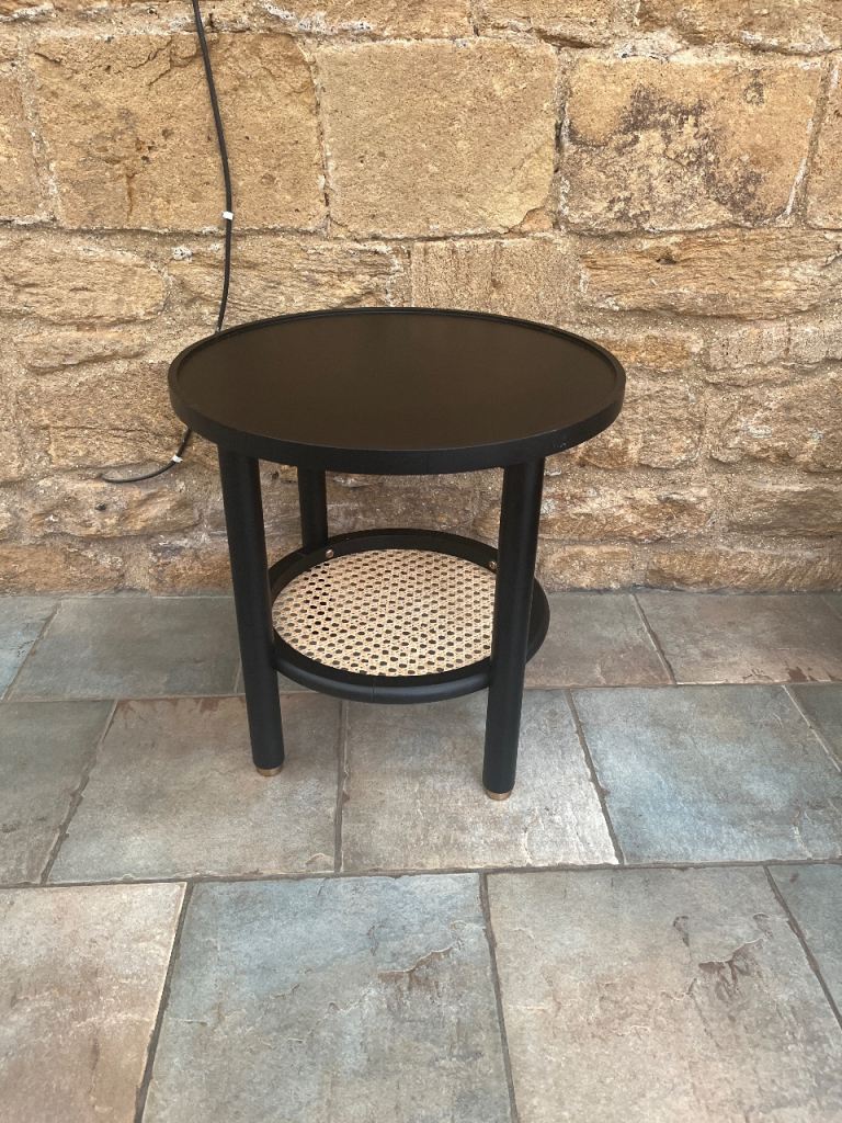 Black Round Side Table with Rattan Shelf – Good Condition