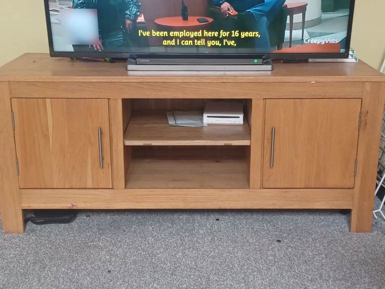 Solid Oak TV Stand with Cupboards and Shelves