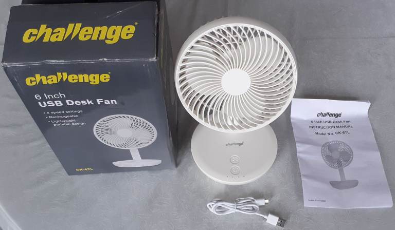 Challenge Portable Rechargeable 6 Inch Fan USB C With 1 Metre Cable BRAND NEW 16.5 x 14.8 x 27.3 CM