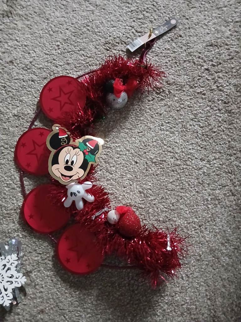 Christmas Mickey Minnie Mouse and Silver Tinsel Wreaths - As Good As New