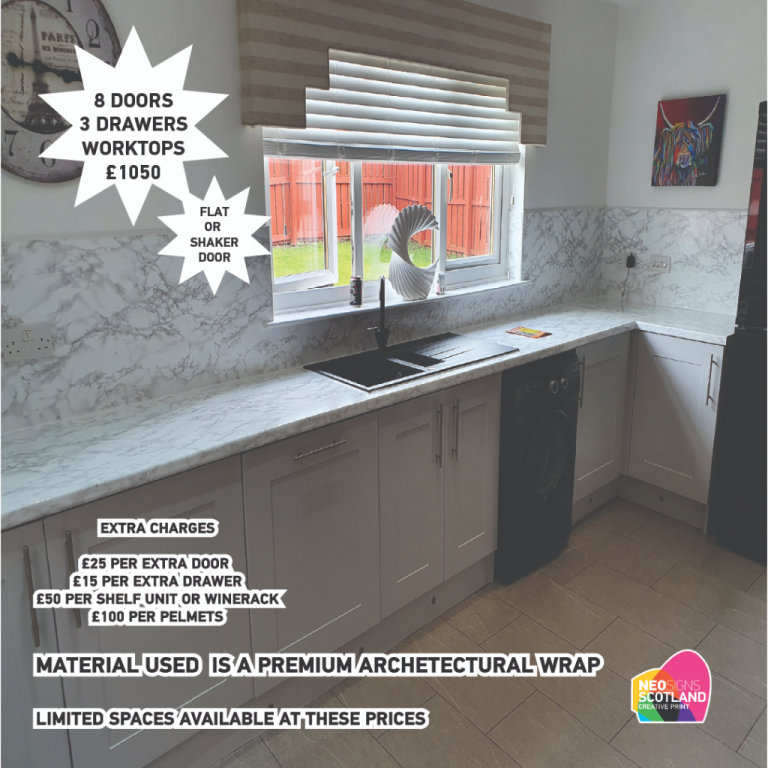8 doors 3 drawers including worktops Premium Full Kitchen Wrap September Special Offer Book Now