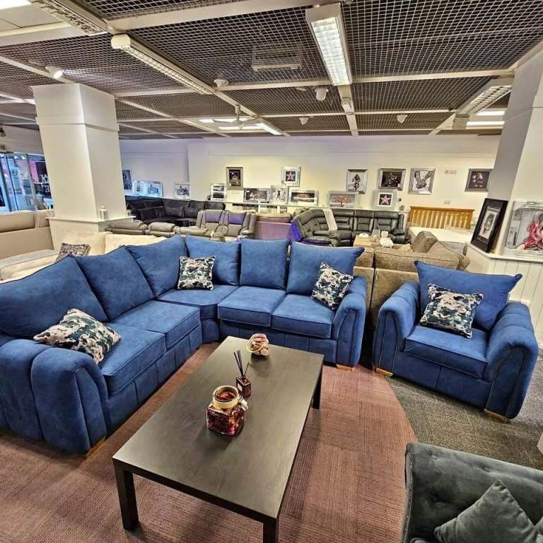 Brand New Blue Fabric Corner Sofa and Matching Armchair Set