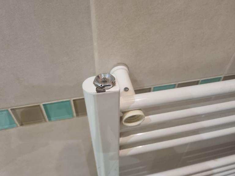 White straight towel radiator with chrome valves.