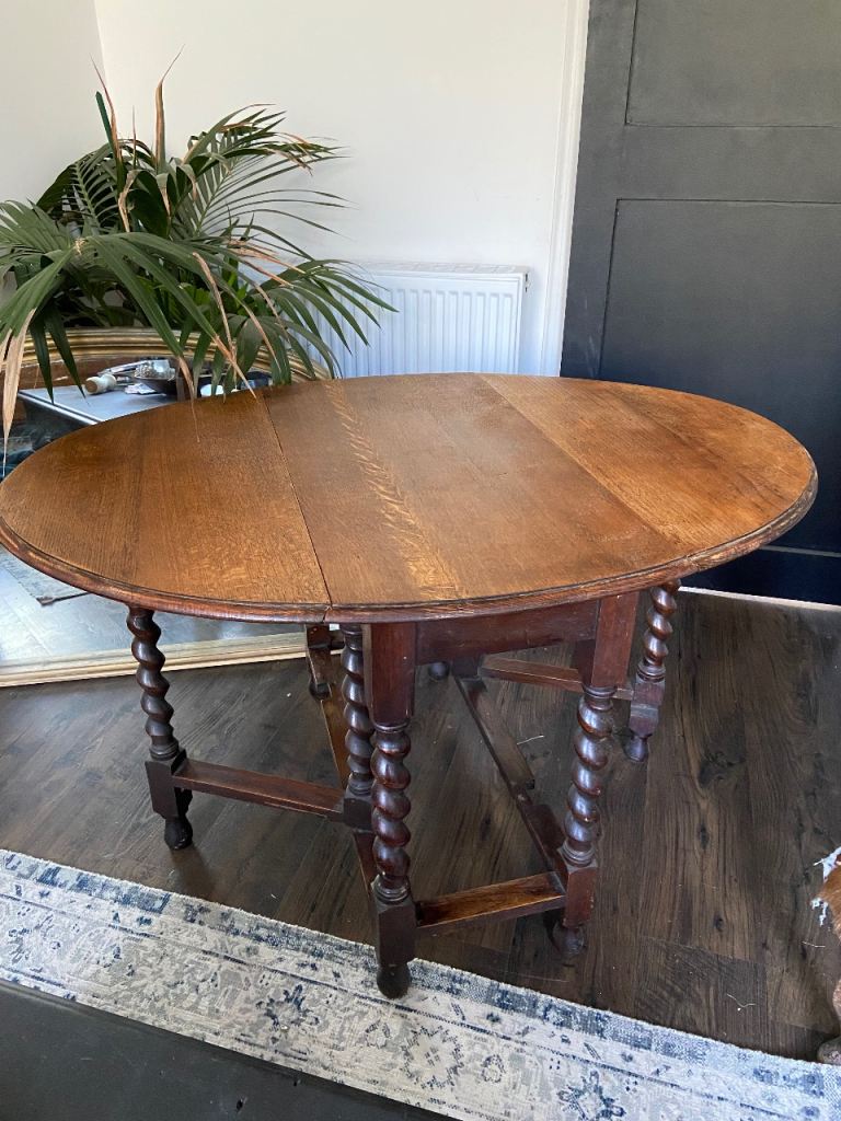 Antique Oak Drop Leaf Dining Table with Barley Twist Legs